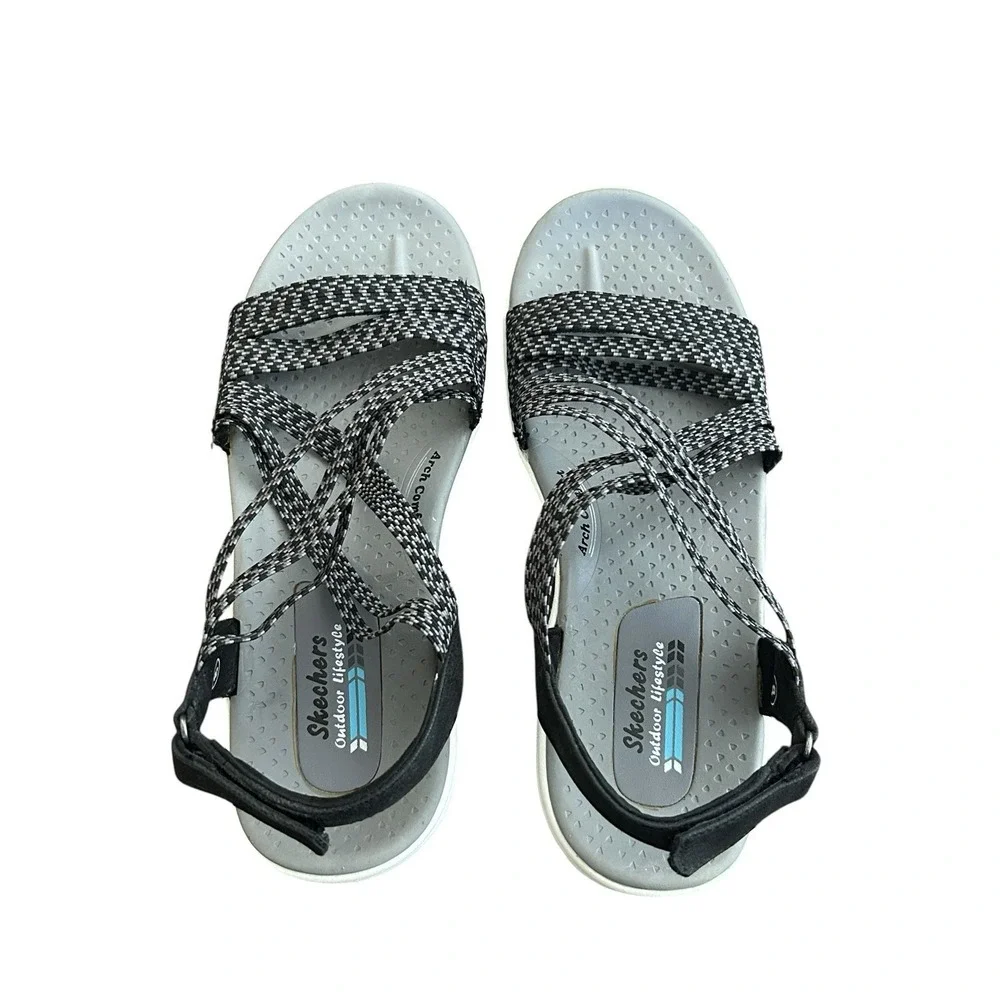 SKECHERS Reggae Cup Oh Snap Sport Sandal Women Size 8 Black Stretch Strappy